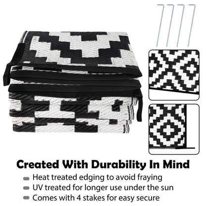 SAND MINE Waterproof Outdoor Rug 6x9 ft, Reversible Mats, Modern Area Rug, Large Floor Mat and Rug for Outdoors, RV, Patio, Backyard, Deck, Picnic, Beach, Trailer, Camping, Black & White Lattice
