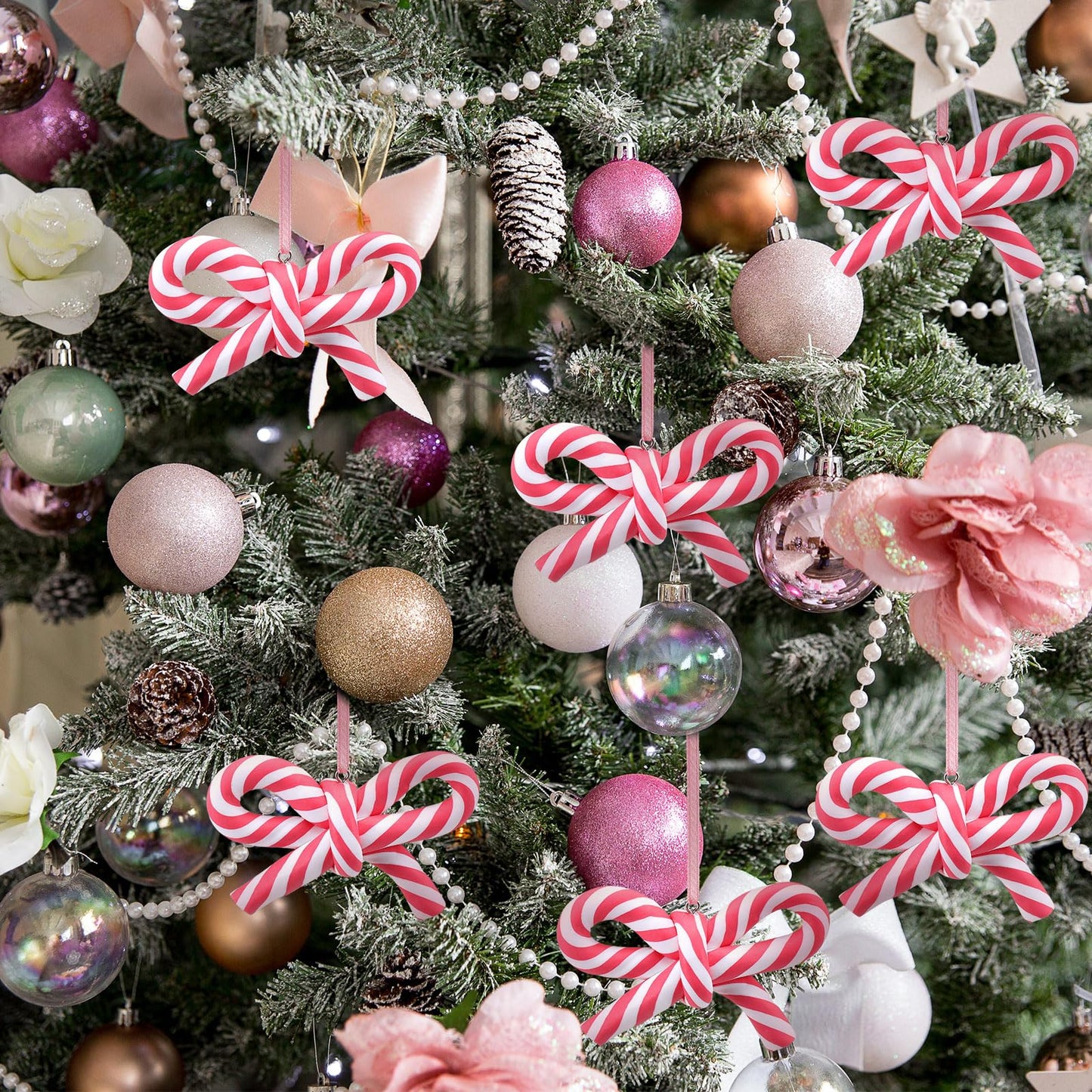 Hungdao 24 Pcs Bow Candy Cane Christmas Ornaments Pink and White Christmas Tree Decoration Stripe Candy Cane Hanging Ornament Polymer Clay Peppermint Pendant for for Xmas Tree Home Party Holiday Decor
