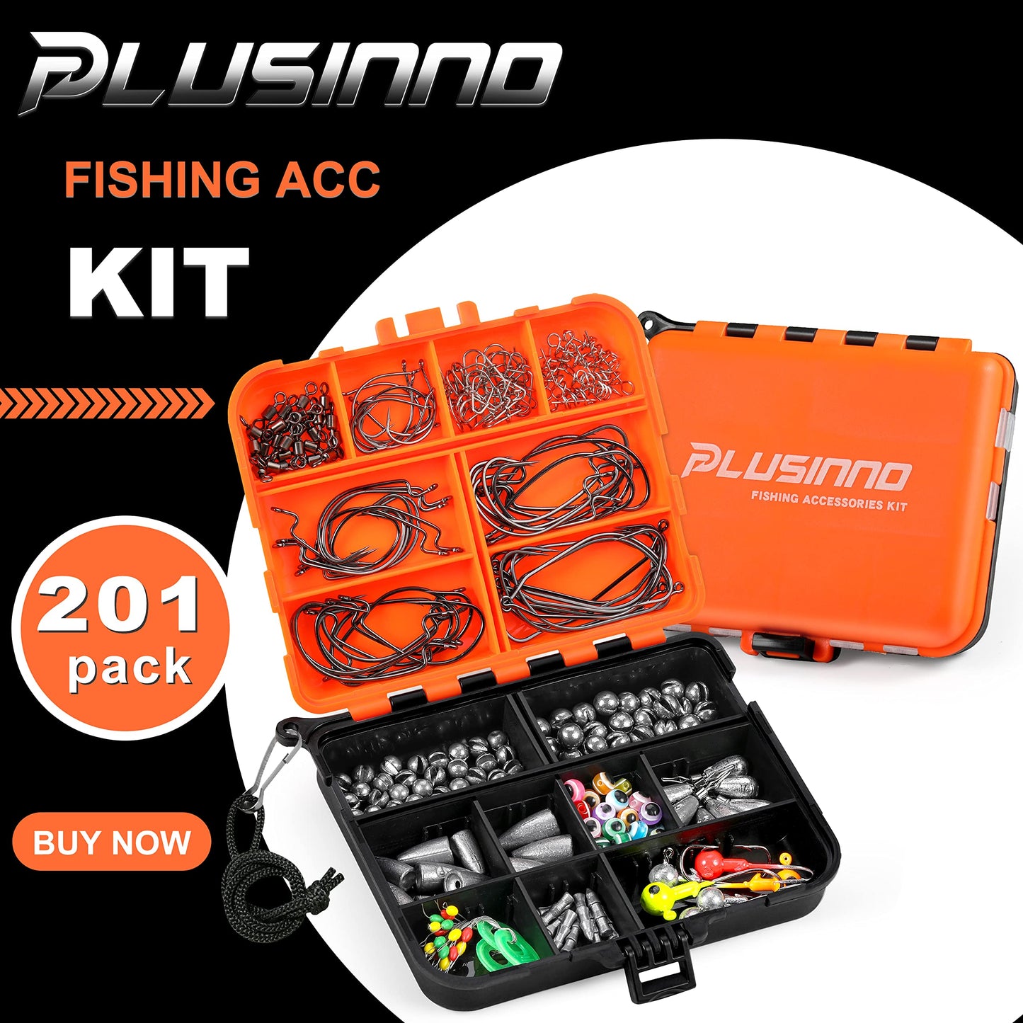 PLUSINNO 201pcs Fishing Accessories Kit,Tackle Box with Tackle Included, Fishing Hooks, Weights, Round Split Shot，Fishing Gear for Bass, Trout, Catfish