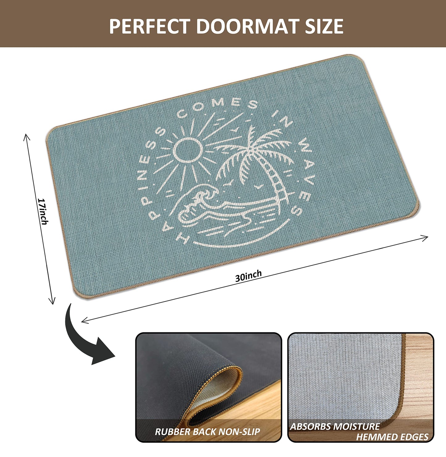 Lacosu Summer Beach House Happiness Comes in Waves Blue Rustic Door Mat Doormat,17"X30" Decorative Coastal House Indoor Outdoor Entry Welcome Door Mat,Ocean Beach Gifts
