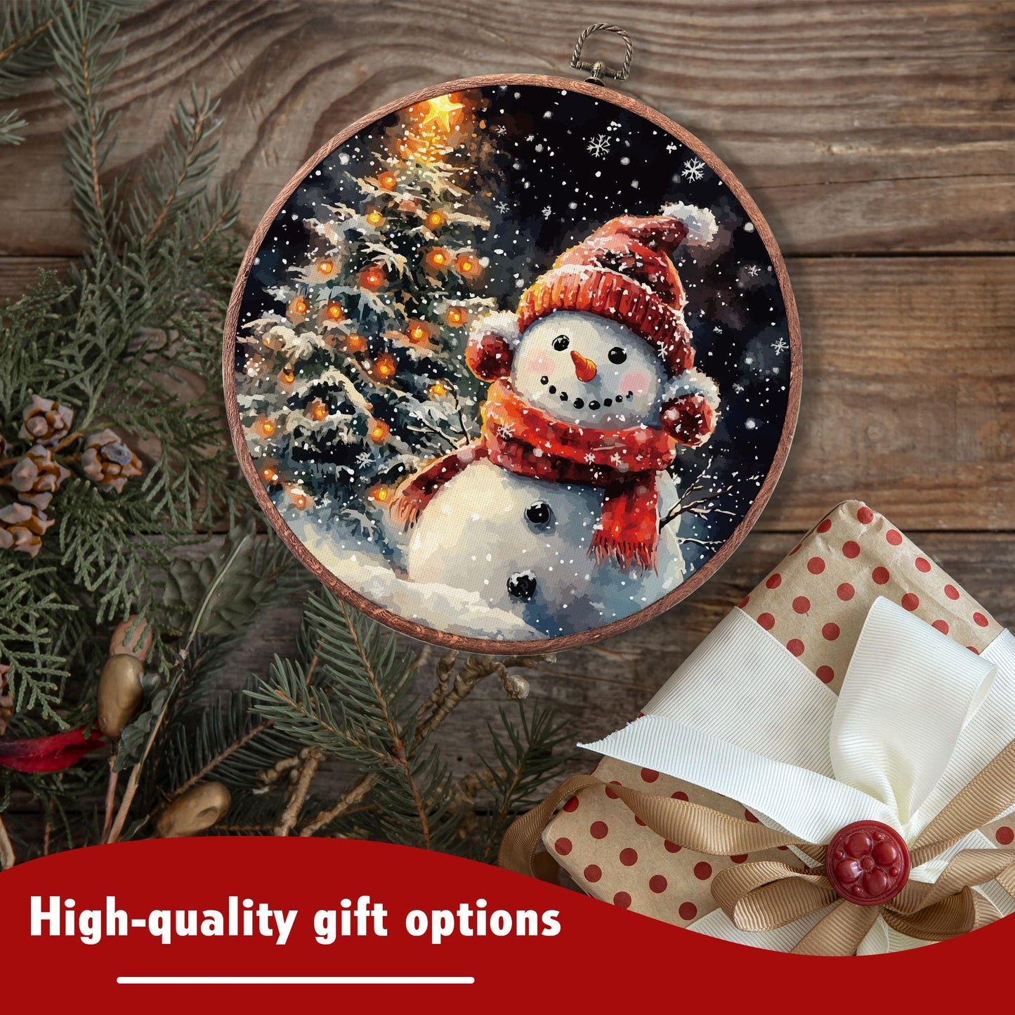 heiyihe Round Christmas Trees Snowman Hanging Canvas Artwork, 10x10 Inches Round Christmas Canvas Frame Wall Art Decor, Embroidery Kit Decor for Home Living Room, Gift Ideas for Family Friends-A09