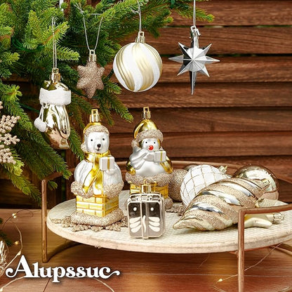 Alupssuc 112pcs Christmas Balls Ornaments Set, Shatterproof Plastic Baubles Christmas Penguin, Polar Bear for Xmas Tree Holiday Wedding Party Decorations with Hanging Strings, Gold, Silver and White