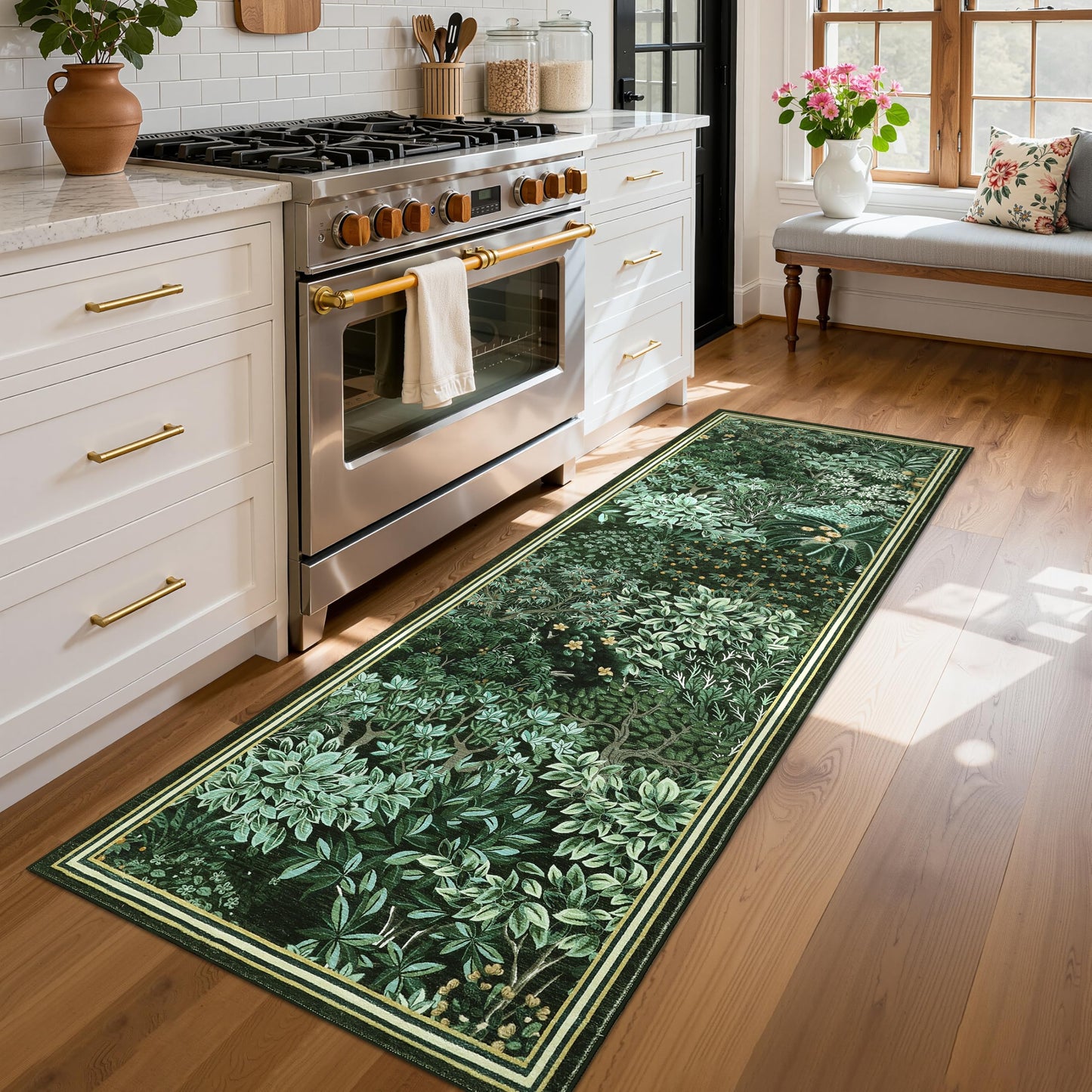 GarveeHome Forest Runner Rug, Green Washable Runner Rug 2x6 for Kitchen, Botanical Low Pile Non Slip Stain Resistance Woodland Hallway Rug for Entryway Bedroom Laundry Room