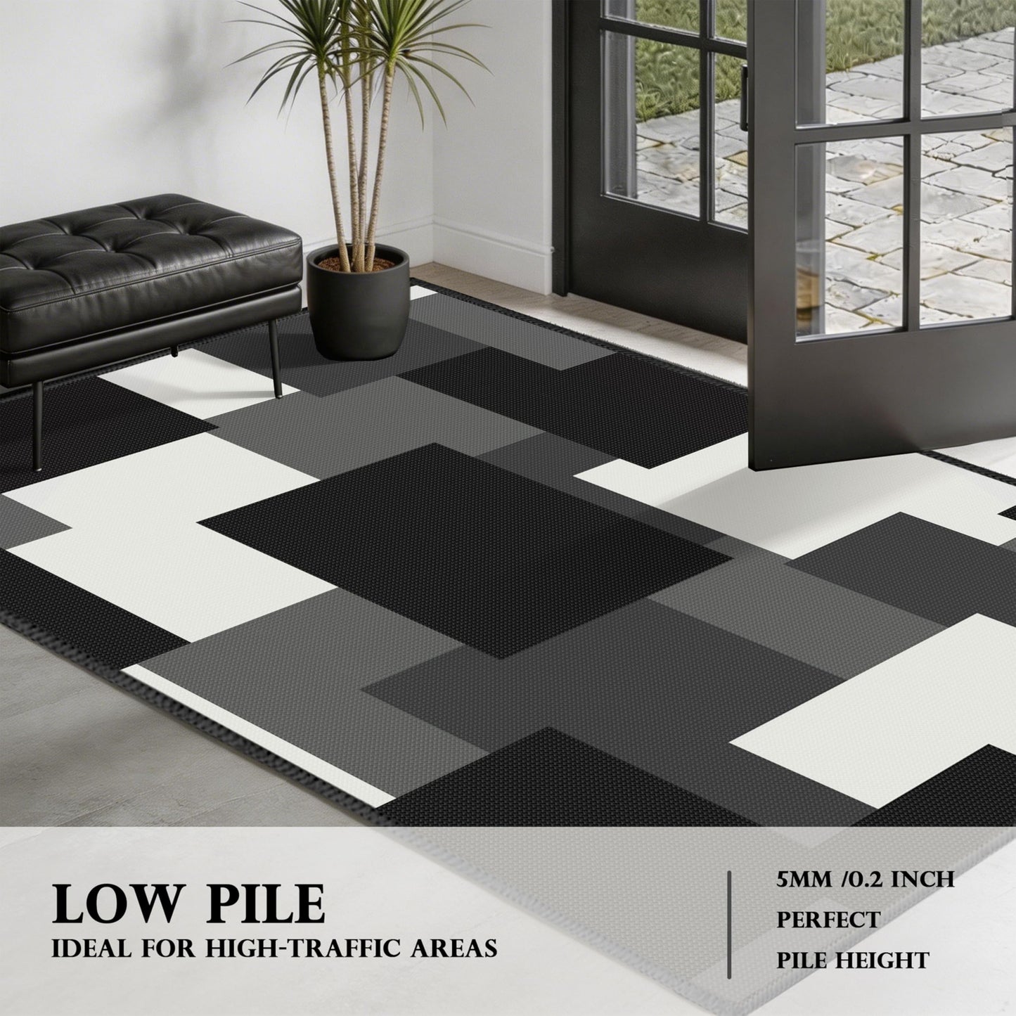 Tyrot Washable Rug 3x5 Non Slip Area Rugs for Living Room, Modern Geometric 3x5 Entryway Rug, Ultra Thin Linen-Look Abstract Indoor Carpet for Bedroom Entrance Home Office, Black and White Grey