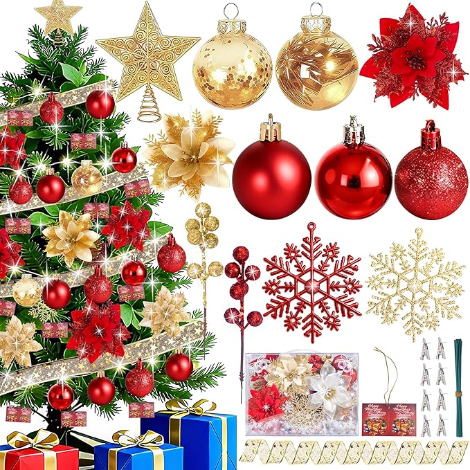 76Pcs Christmas Tree Decorations Set, Golden Red Assorted Ornaments with Large Shatterproof Plastic Balls, Star Tree Topper, Glitter Berries Stems, Ribbon for Indoor Garland Home Holiday Wedding Decor