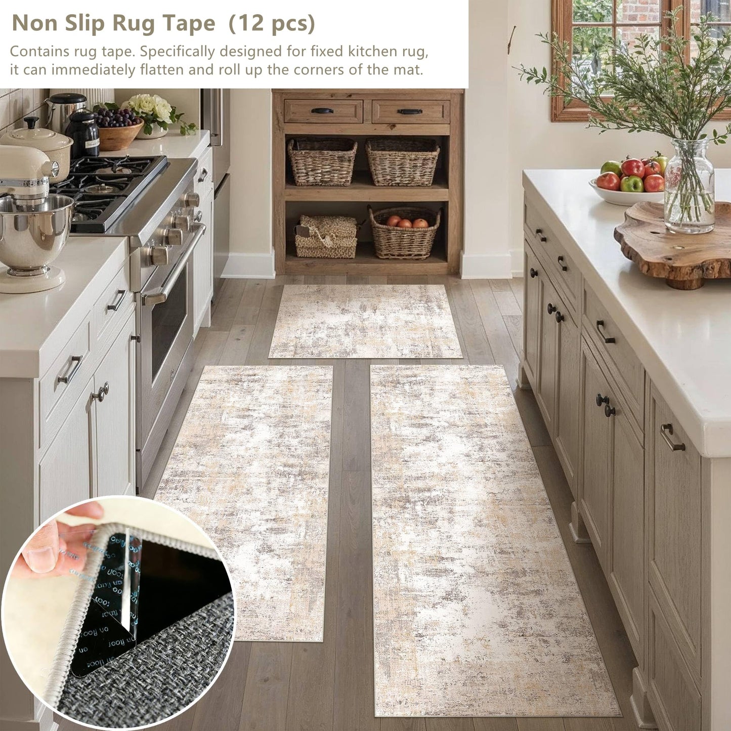 WondRg Kitchen Rug Set of 3 Washable Beige Grey Abstract Kitchen Mats for Floor Non-Slip Kitchen Runner Rug Soft Low Pile for Bathroom Laundry Hallway Sink Entryway