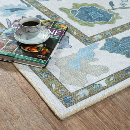 Fame Living Green Oushak Rug, Modern, Vintage, Turkish, Eclectic, Floral, Pastel, Washable, Area Rugs for Living Room, Dining, Bedroom, Office, Entryway, Foyer, Playroom, Nursery, 5'x6'9"