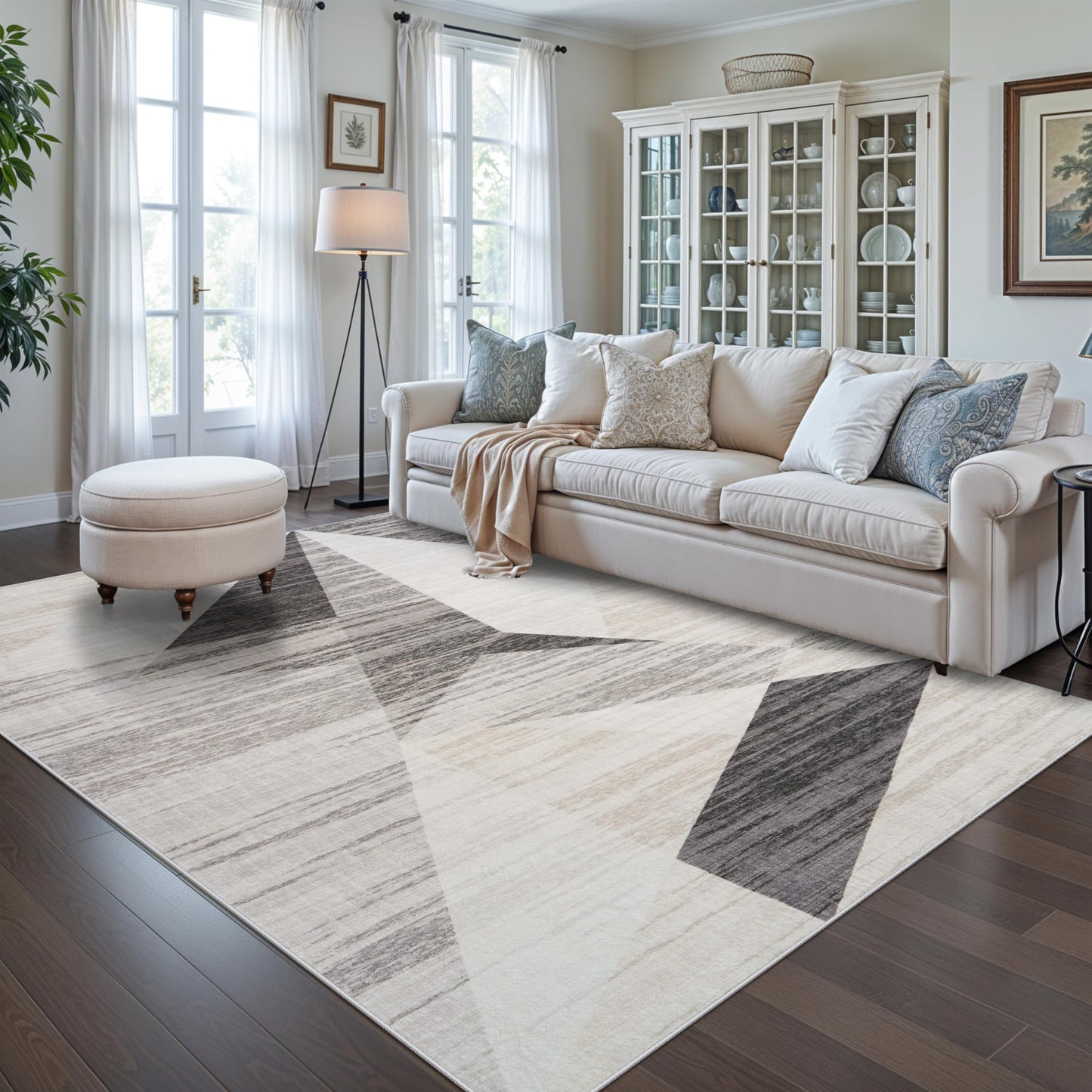 TOPRUUG 6x9 Washable Area Rug: Modern Geometric Soft Low Pile Thin Carpet for Living Room Bedroom Dinning Room Office Non-Slip & Stain Resistance Rug for High Traffic Area (Grey Cream Beige, 6x9)