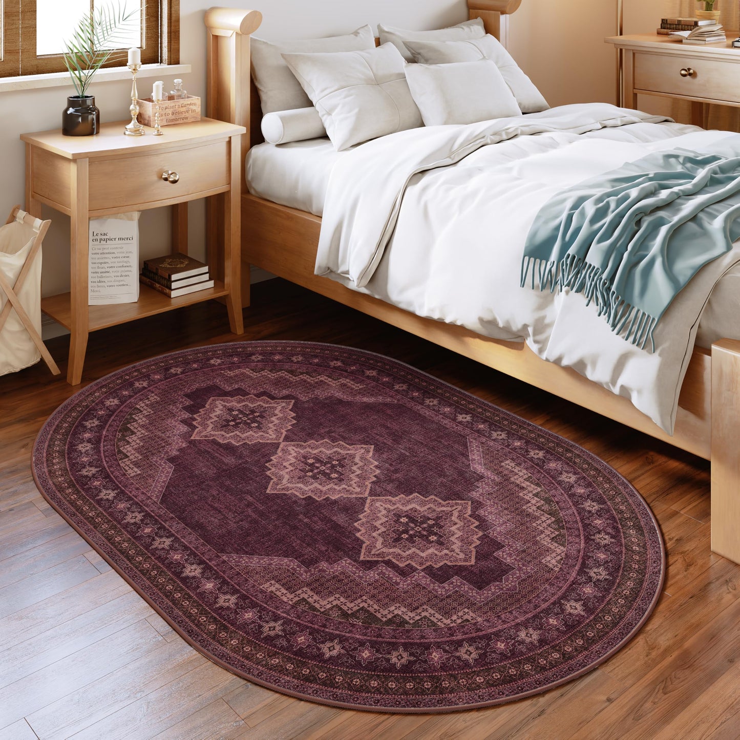 Clemile 4x6 Oval Rug - Washable Ultra-Thin Living Room Rug Vintage Non-Slip Carpets - Soft & Stain Resistant Rug for Kitchen Bedroom Dining Room Living Room Red Burgundy