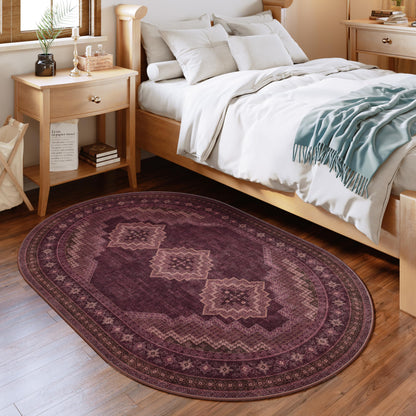 Clemile 4x6 Oval Rug - Washable Ultra-Thin Living Room Rug Vintage Non-Slip Carpets - Soft & Stain Resistant Rug for Kitchen Bedroom Dining Room Living Room Red Burgundy