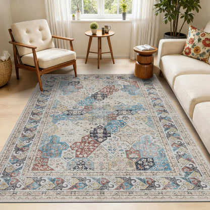 5x7 Moroccan Washable Area Rugs, Oriental Accent Rugs with Non-Slip Backing, Distressed Design Low Pile Soft Carpet for Living Room, Bedroom, Dining Room, Home Office, Blue/Multi
