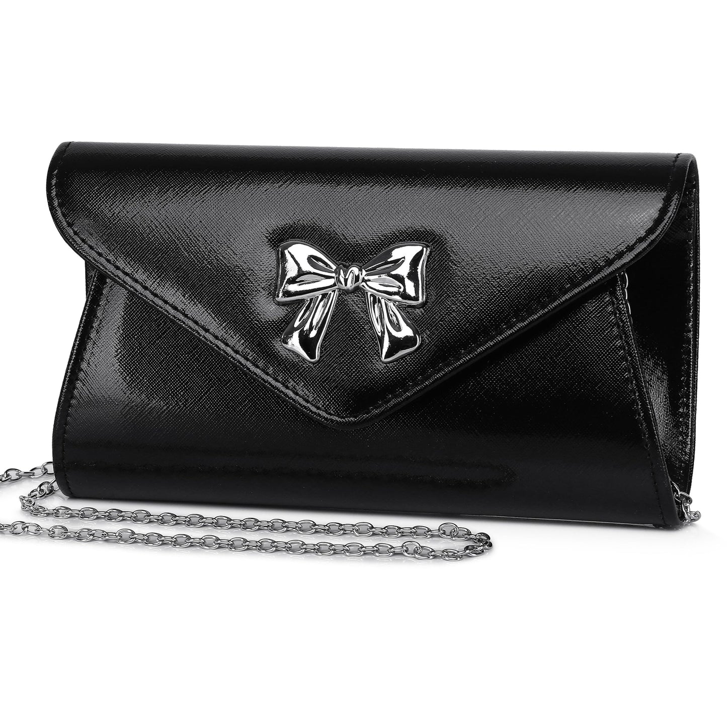 Gurina Evening Clutch Purse for Women with Bow Detail, Elegant PU Leather Shiny Party Bag with Detachable Chain Wedding Prom Handbag (Black L70)