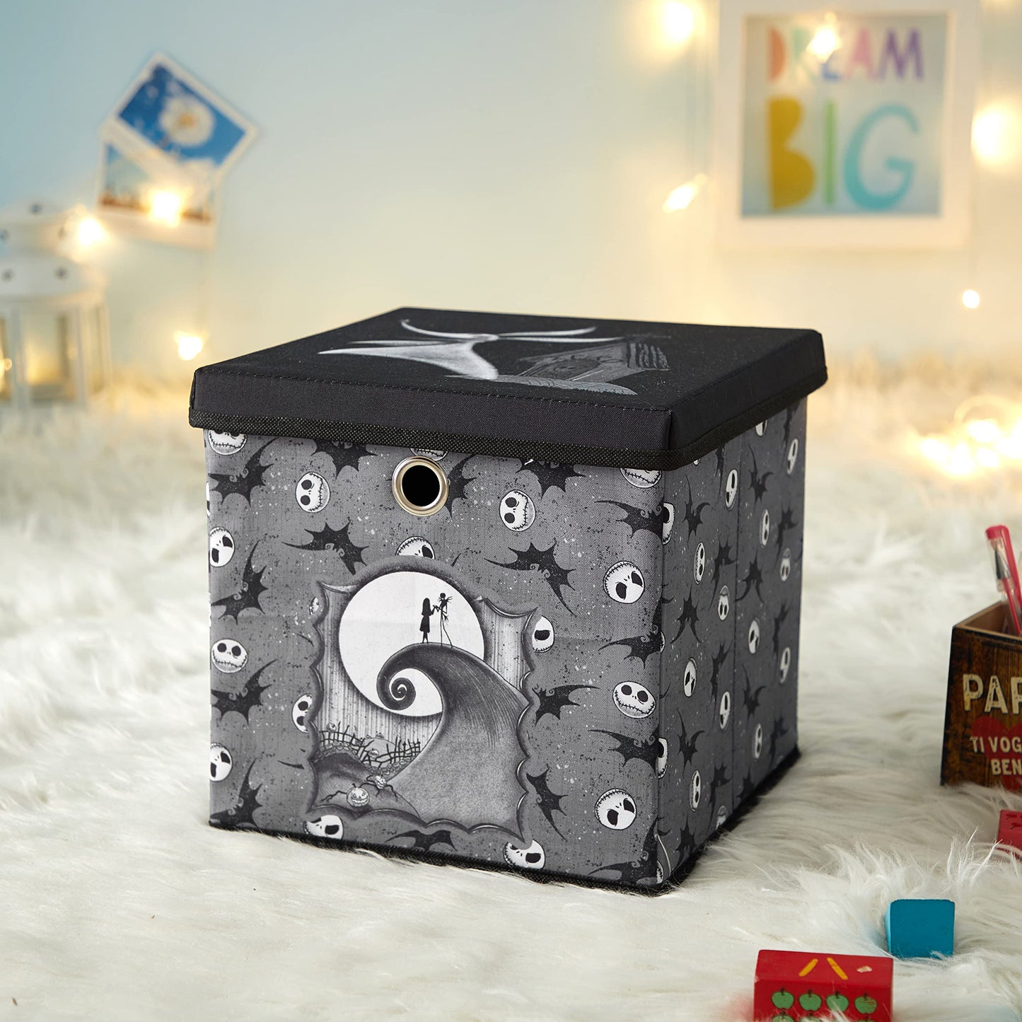 The Nightmare Before Christmas Collapsible Storage Cube with Removable Lid,10"x10"x10" Fabric Organizer Bin for Essentials