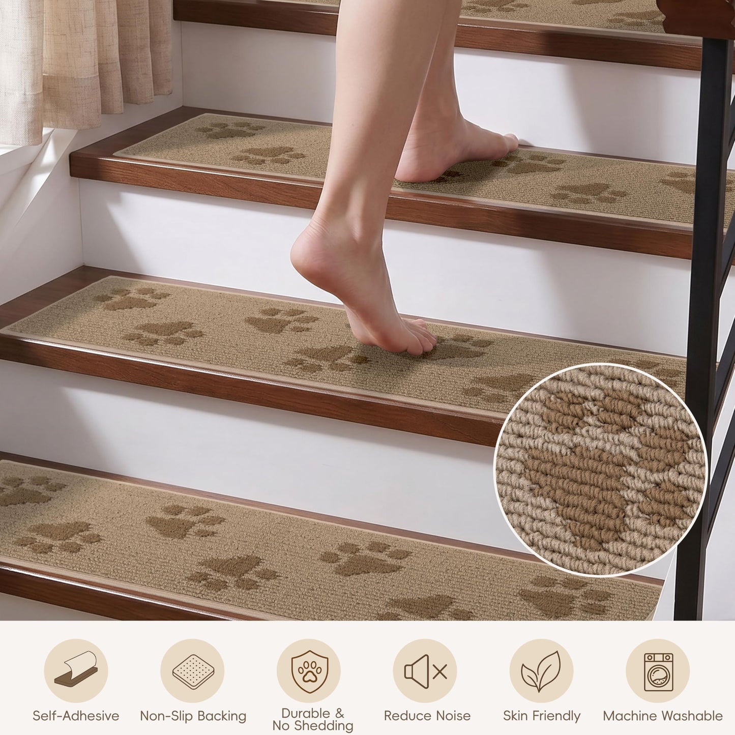 DEXDE Stair Treads for Wooden Steps Non-Slip 15pcs, 30"x8" Washable Stair Runners with Cat Paw Pattern, Non-Skid Safety Carpet Mats for Dogs and Kids, Reusable Indoor Stair Rugs for Home, Beige