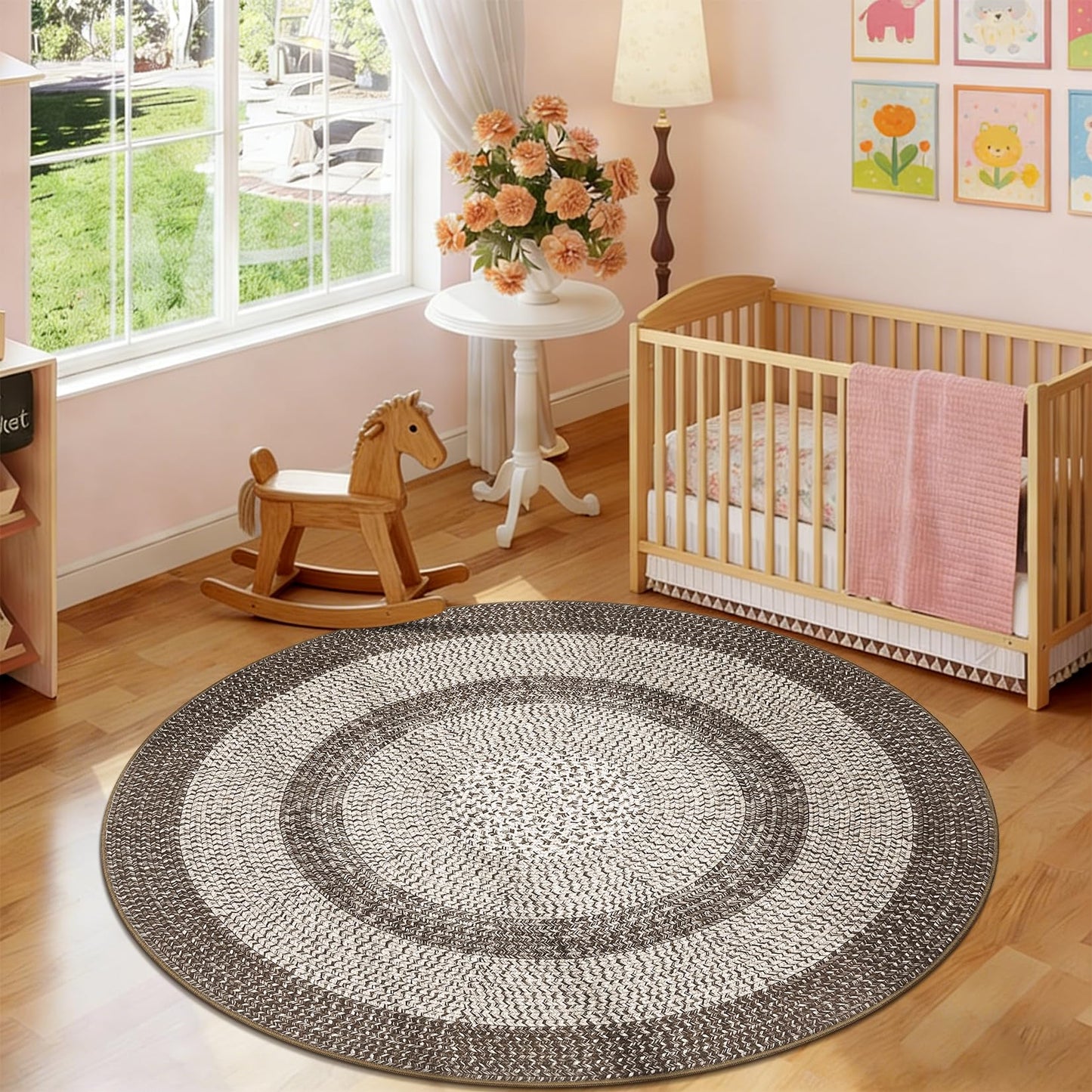 Modern Bordered Round Area Rug 4ft Washable Bedroom Circle Rugs Non Slip Stain Resistant Dining Room Round Throw Carpet Contemporary Circle Mats for Living Room Kitchen Nursery, Mocha