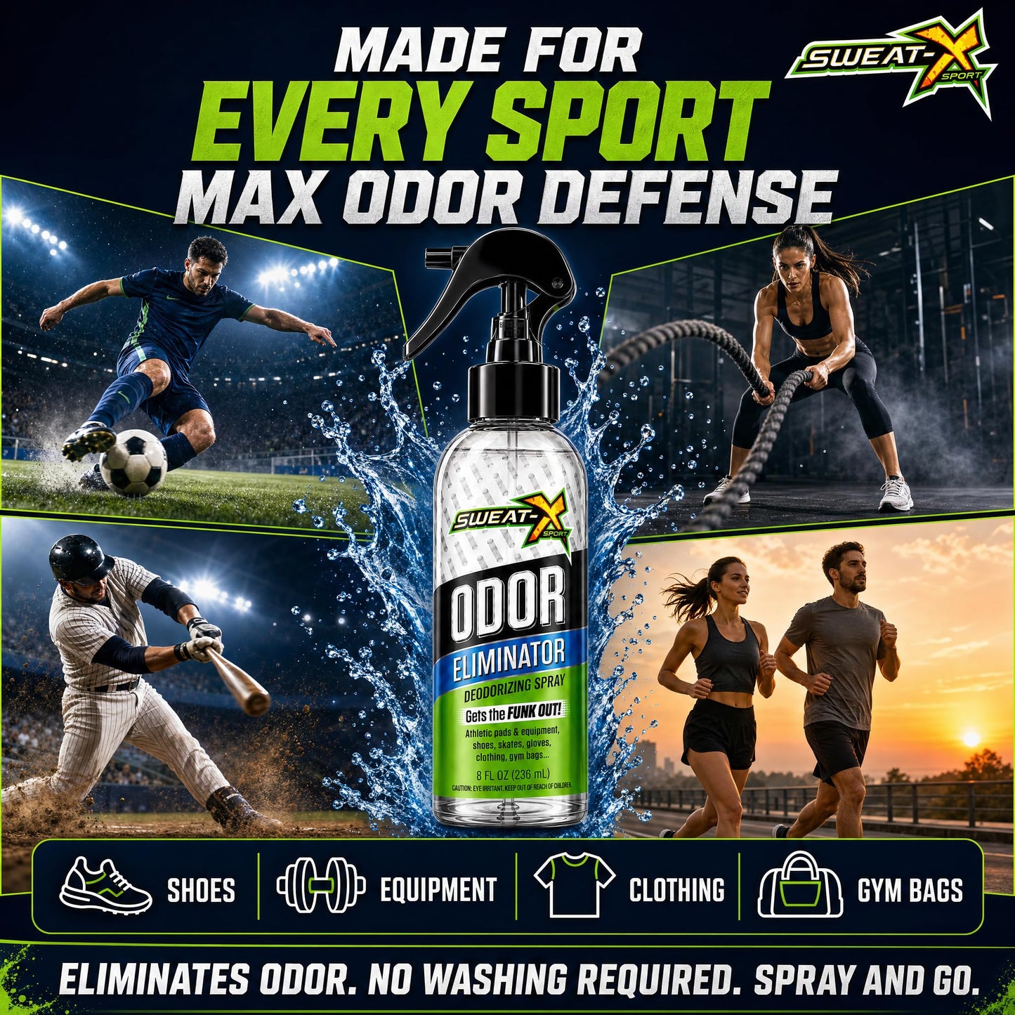 Sweat X Sport Extreme Odor Spray – Multipurpose Deodorizer for Stinky Shoes, Clothes, Sports Equipment & All Fabrics – Concentrated Formula, No Washing Required - Active Fresh Scent – 8 Fl Oz