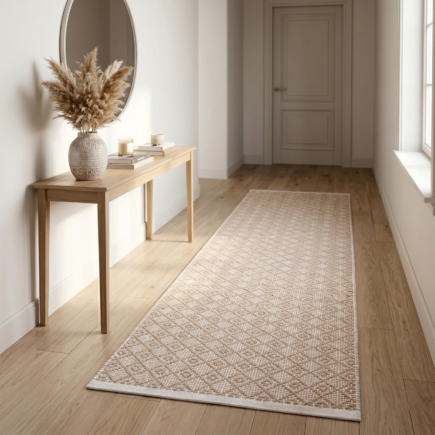Cotton Diamond Woven Runner Rug 2x6 Feet - Beige, Non Slip Super Soft Farmhouse Space Patio Throw Carpet Ideal for Hallways, Kitchen, Living Room | Neutral Large Bedroom Area Décor Floor Décor Mats