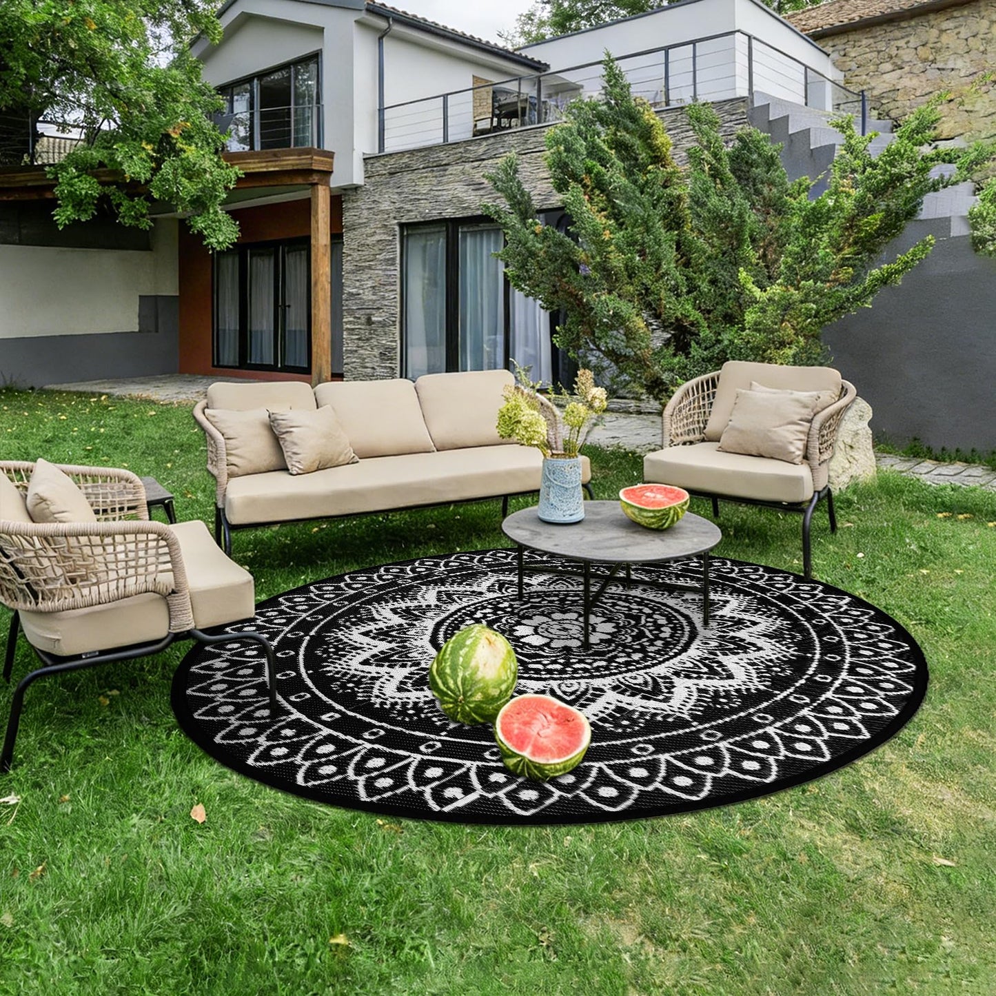 Round Outdoor Rugs for Patios, 6Ft Waterproof Reversible Plastic Straw Mat with Carry Bags, Boho Lightweight Outdoor Carpet Portable Round Floor Mat for Patio Camping Picnic Backyard RV,Black & White