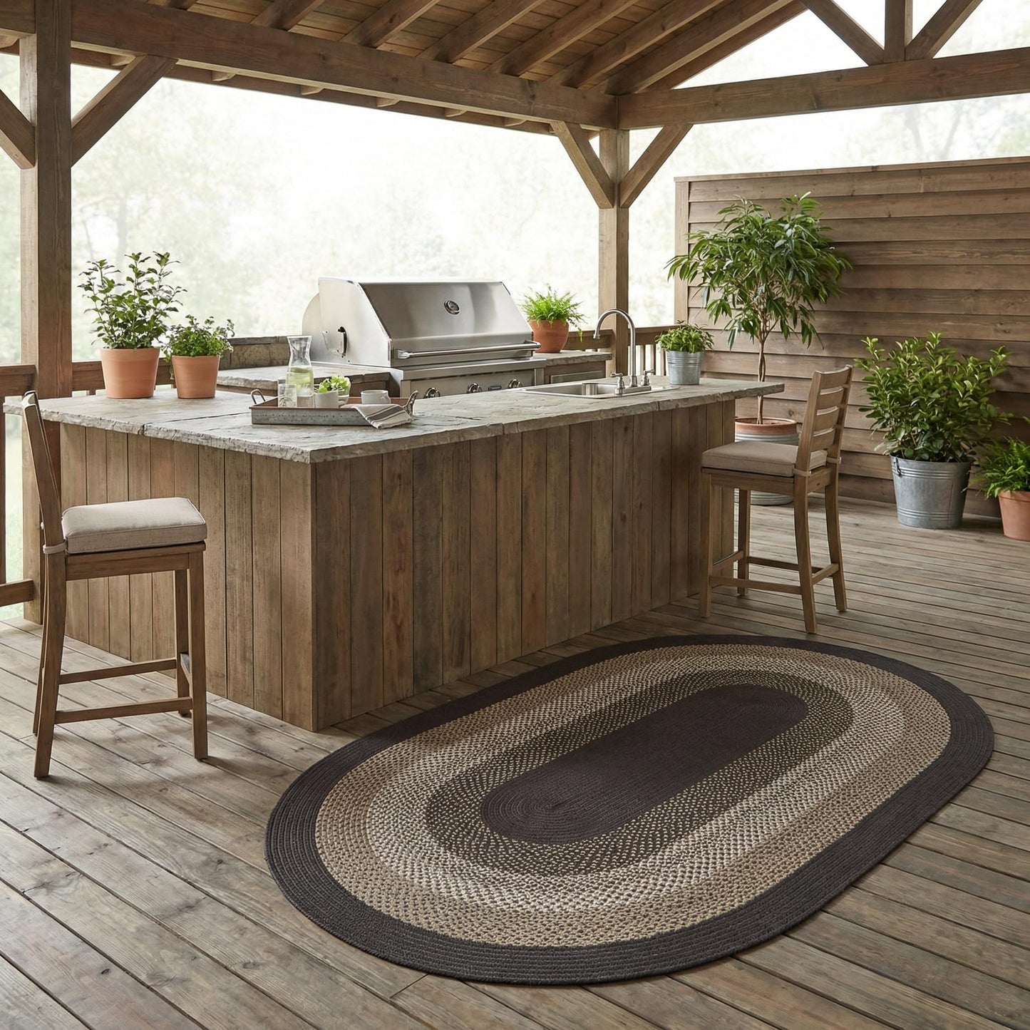 Super Area Rugs Rustic Taupe & Dark Gray Oval Braided Rug for Entryway/Foyer, Woven Outdoor Rug for Patio/Porch 3' x 5' Oval