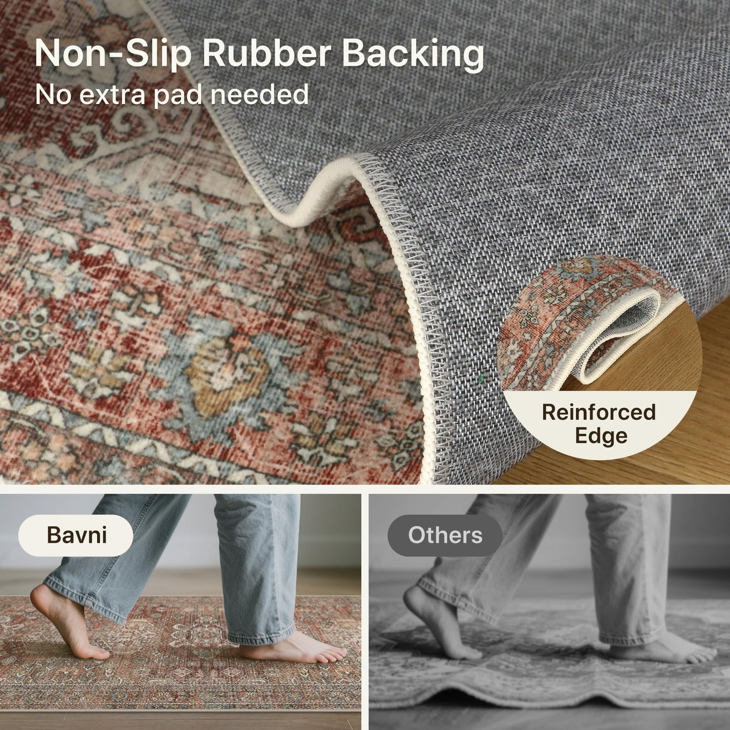 Bavni 2x5 Rug Runner, Washable Runner Rug Non Slip, Vintage Ultra Thin Low Pile Hallway Runner Rug for Kitchen Entryway Bedroom, Brick
