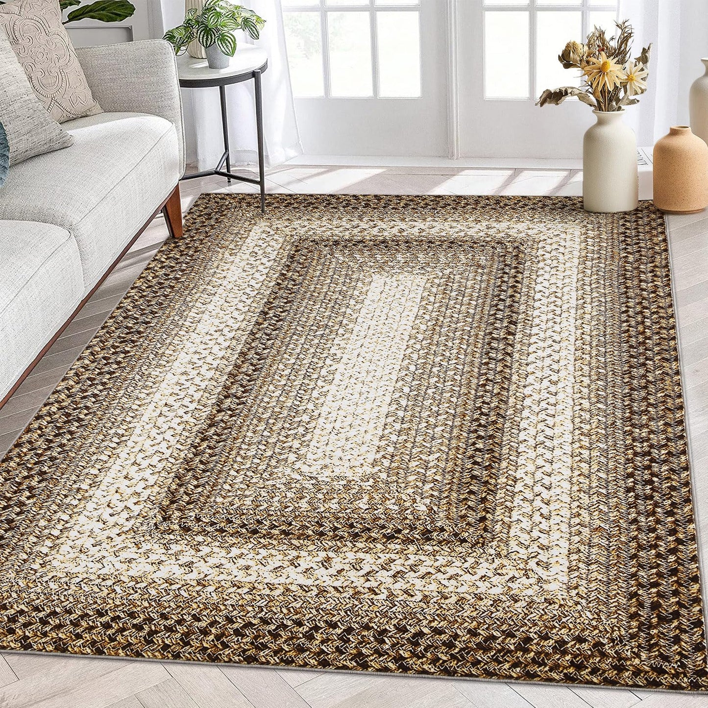 ROYHOME Living Room Area Rug 5x7 Modern Braided Print Area Rug Geometric Border Dining Room Throw Carpet Washable Carpet Rustic Large Boho Mat for Bedroom Nursery, Taupe