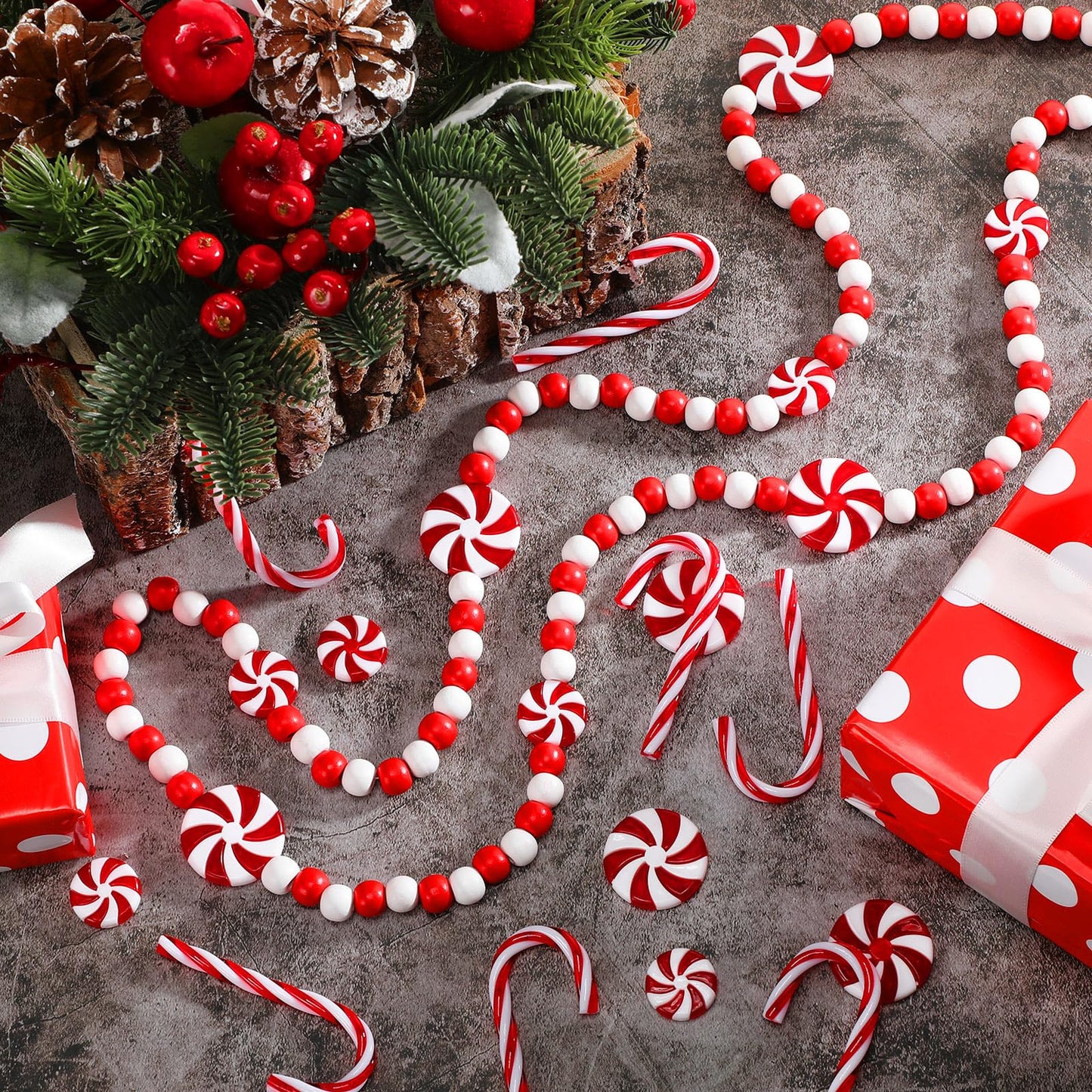 WILLBOND 49 Pcs Christmas Candy Canes Ornament Gift 5 Yards Wired Christmas Ribbon Fake Candy Hanging Ornament with Crystal Wire Red White Stripes Ribbon for Xmas Party Xmas Home Decor(Beaded Garland)