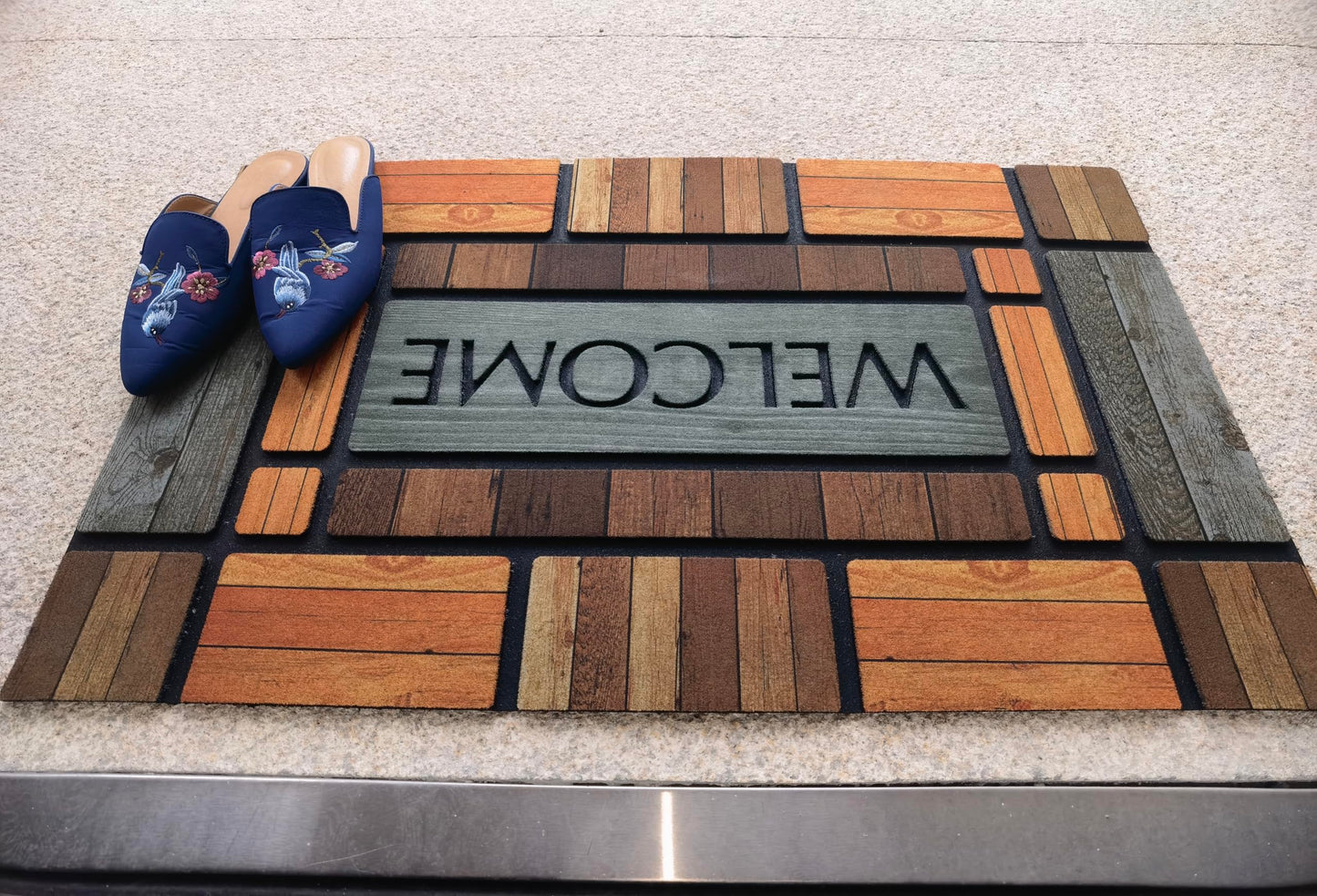 Timerala Wood Brick Flocked Doormat, Welcome Design, Multi-Color Wood Pattern, Non-Slip Rubber Backing, Rectangular, 29.92 x 17.32 Inches