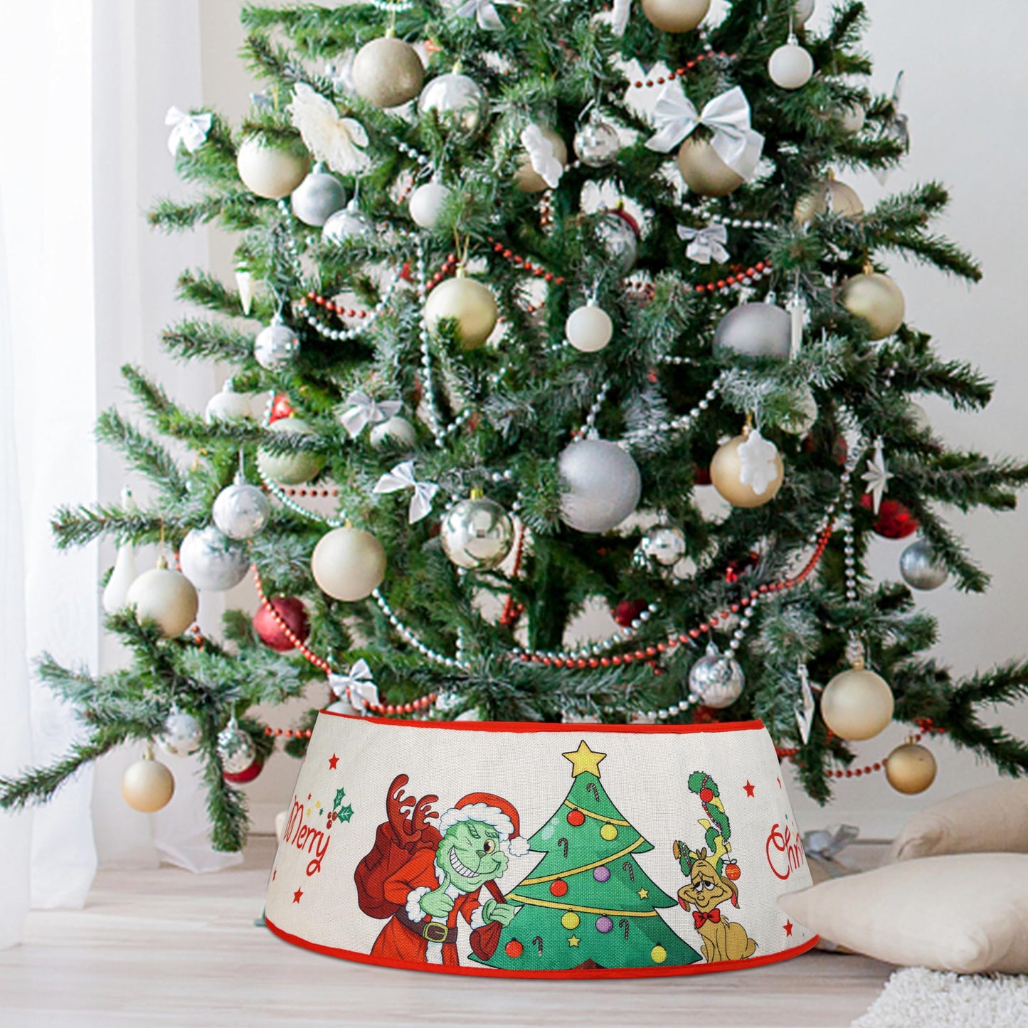 Christmas Tree Collar, 24" Christmas Tree Base Cover with Classic Pattern, Xmas Tree Decorations for Home Indoor, Linen (White)