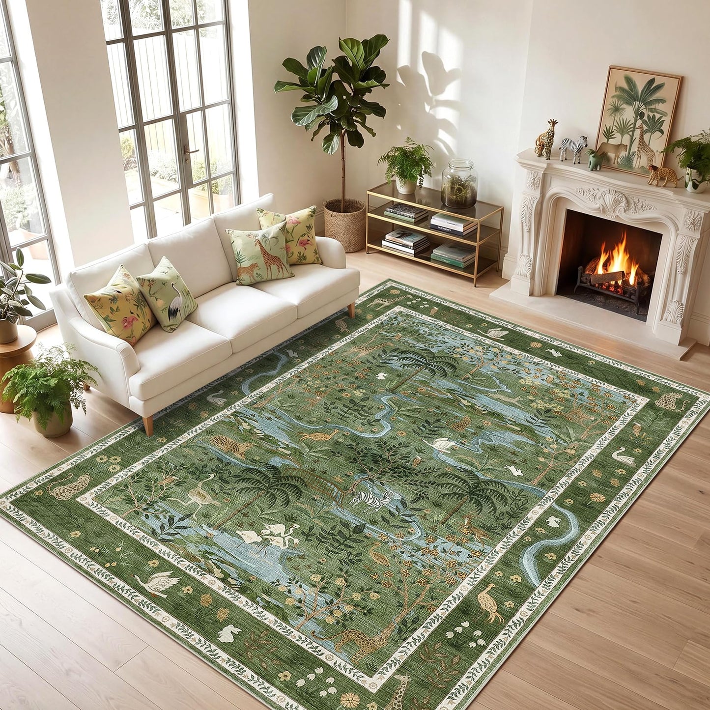 Washable Area Rug 5x7 Green Animal Print Rugs for Nursery Non Slip Stain Resistant Forest Fairy Tale Throw Carpet Low Pile Whimsical Safari Area Rugs for Entryway Girls Bedroom Dining Room, Green