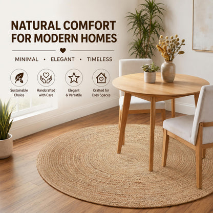 Jute Braided Area Rug, Natural - 4 Feet Round, Boho Neutral Rattan Circle Hand Woven Rugs for Living Room, Bedroom, Nursery, Kitchen, Indoor Use | Farmhouse Rustic Patio Floor Mat for Home Décor