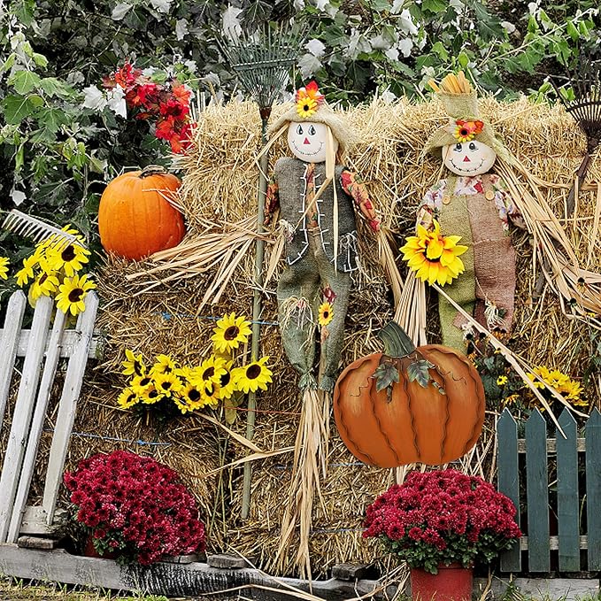 Metal Pumpkin Stakes Yard Signs Fall Decor Decorative Garden Stake Lawn Pumpkins Ornaments Outdoor Autumn Decoration for Harvest Halloween Thanksgiving (17.5" H+26" H Orange)