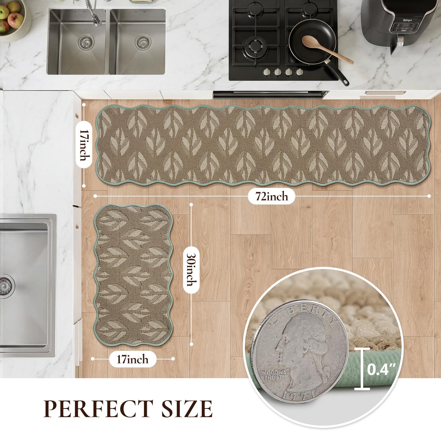 FLOORHUG Non-Slip Kitchen Rugs Set of 2, Scalloped Kitchen Mats for Floor, Absorbent and Stain Resist Kitchen Floor Mat, Washable Kitchen Runner Rug for Laundry&Sink, 17"x30"+17"x72", Leaf/Beige