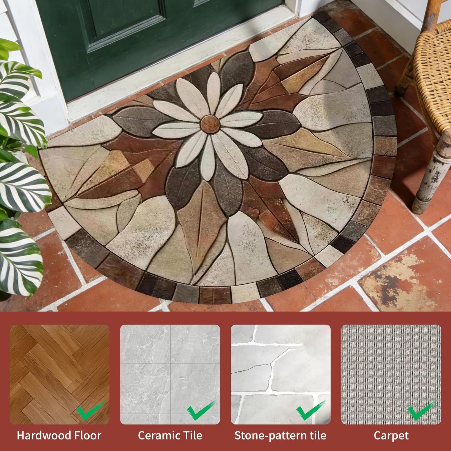RAIPY Half Round Door Mat 2'x3', Entrance Rug Floor Mats, Print Design Non-Slip Washable Semicircle Rug, Durable Half Moon Mat for Indoor Entrance Living Room