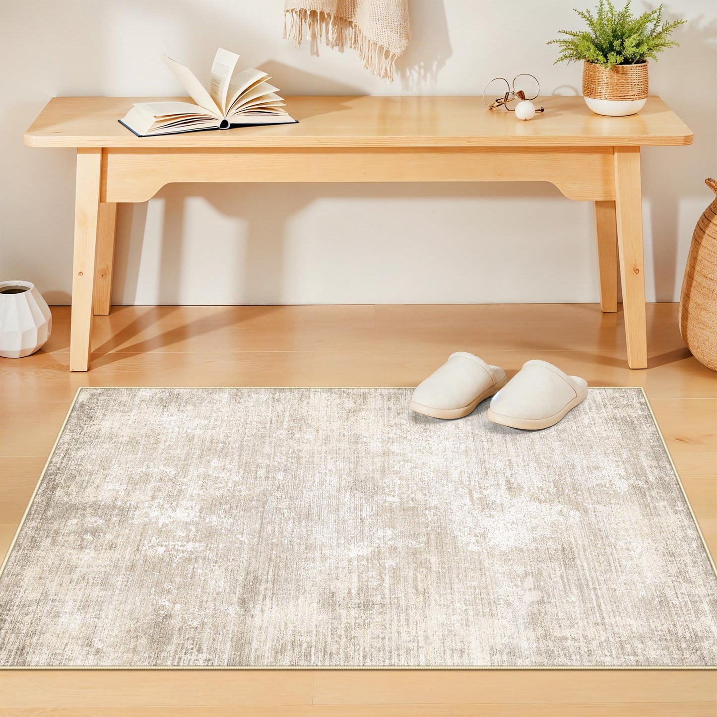 Washable 3x4 Hallway Runner Rug: Abstract Soft Entryway Doormat Water-Resistan Bathroom Kitchen Carpet with Non-Slip Backing Modern Living Room Bedroom Dining Room Decorative Carpet（3x4,Warm/Beige）