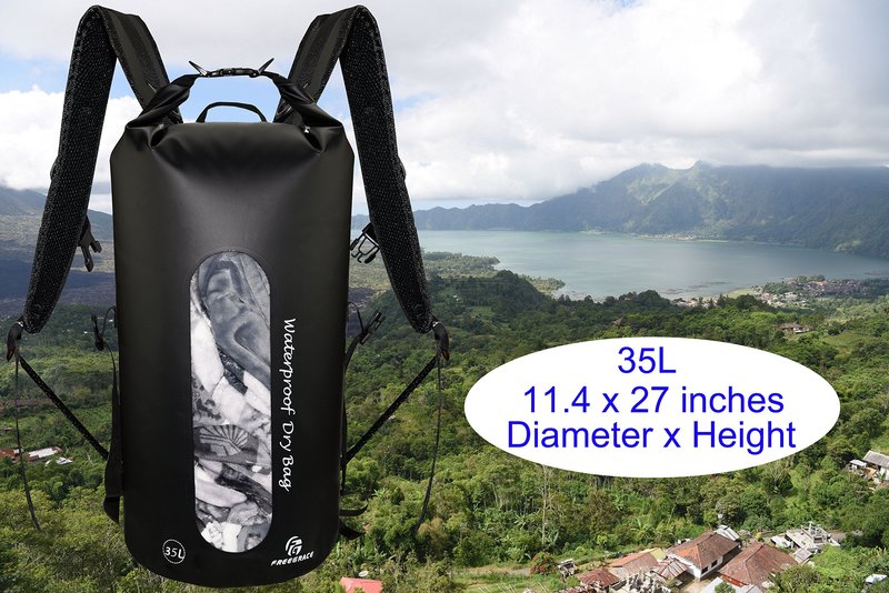 Freegrace Waterproof Dry Bag Set of 3 - Submersible Dry Sack with Double Zip Lock Seals - Includes Waist Pouch & Phone Case - Perfect for Kayaking, Swimming, Boating & Rafting (Window, Black, 35L)