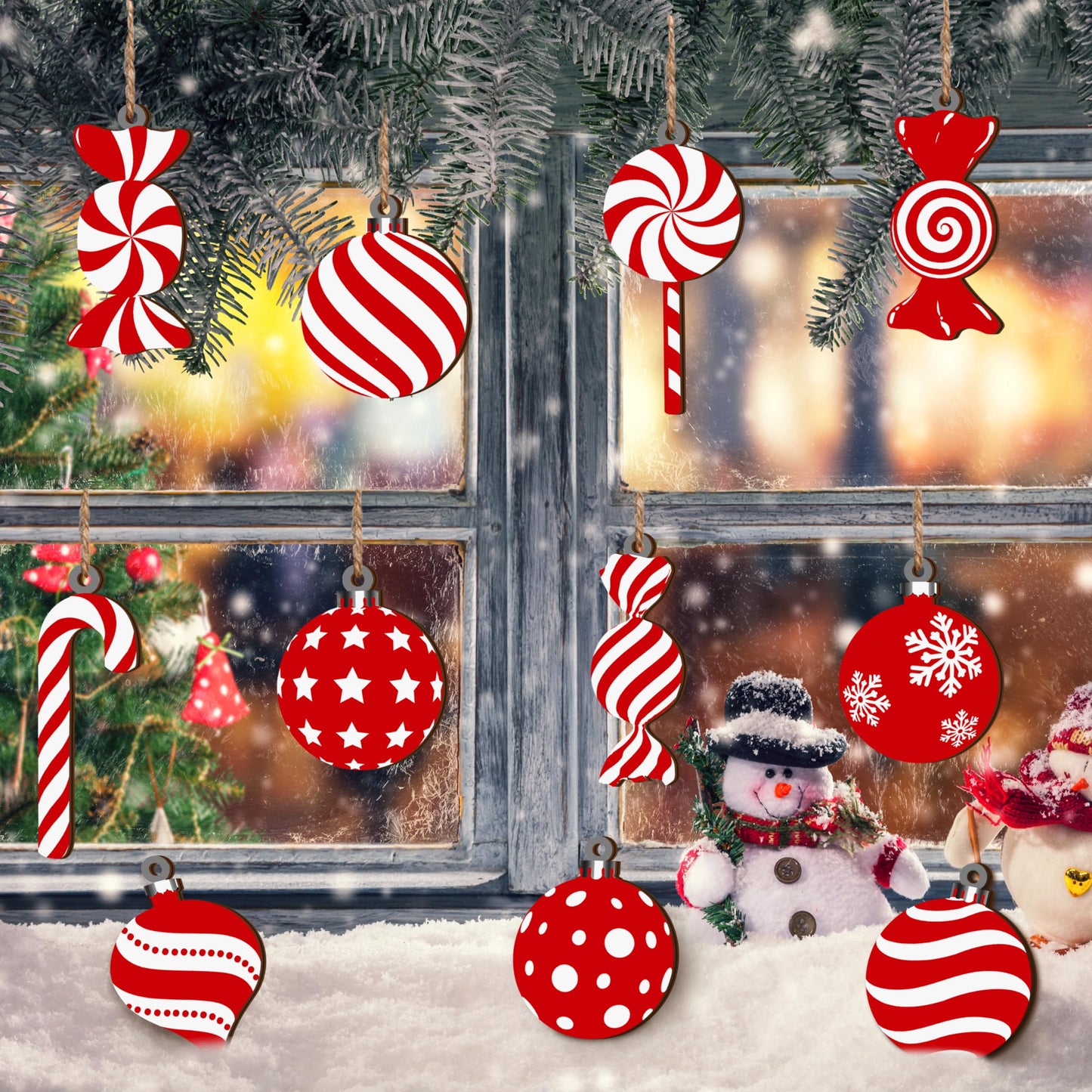 Christmas Candy Lollipop Ornaments Set -24Pcs for Xmas Tree Decoration Wooden Hanging Peppermint Candy Cane Ball Pendants for New Year Home Decor Party Supplies (Red)