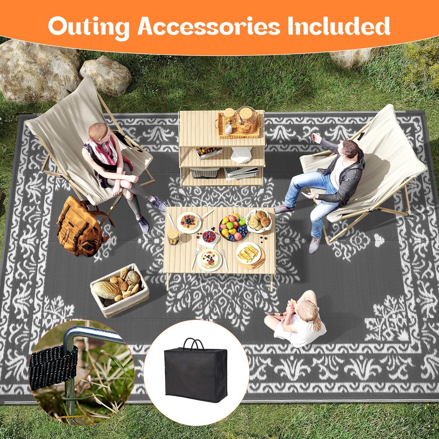 Yamaziot Outdoor Rug 9x12 Ft, Waterproof Plastic Straw Patio Rug, Reversible Backyard Carpet UV Resistant Portable RV Mat Clearance, Large Indoor Outdoor Rug for Patio, Porch, Deck, Balcony, Dark Gray
