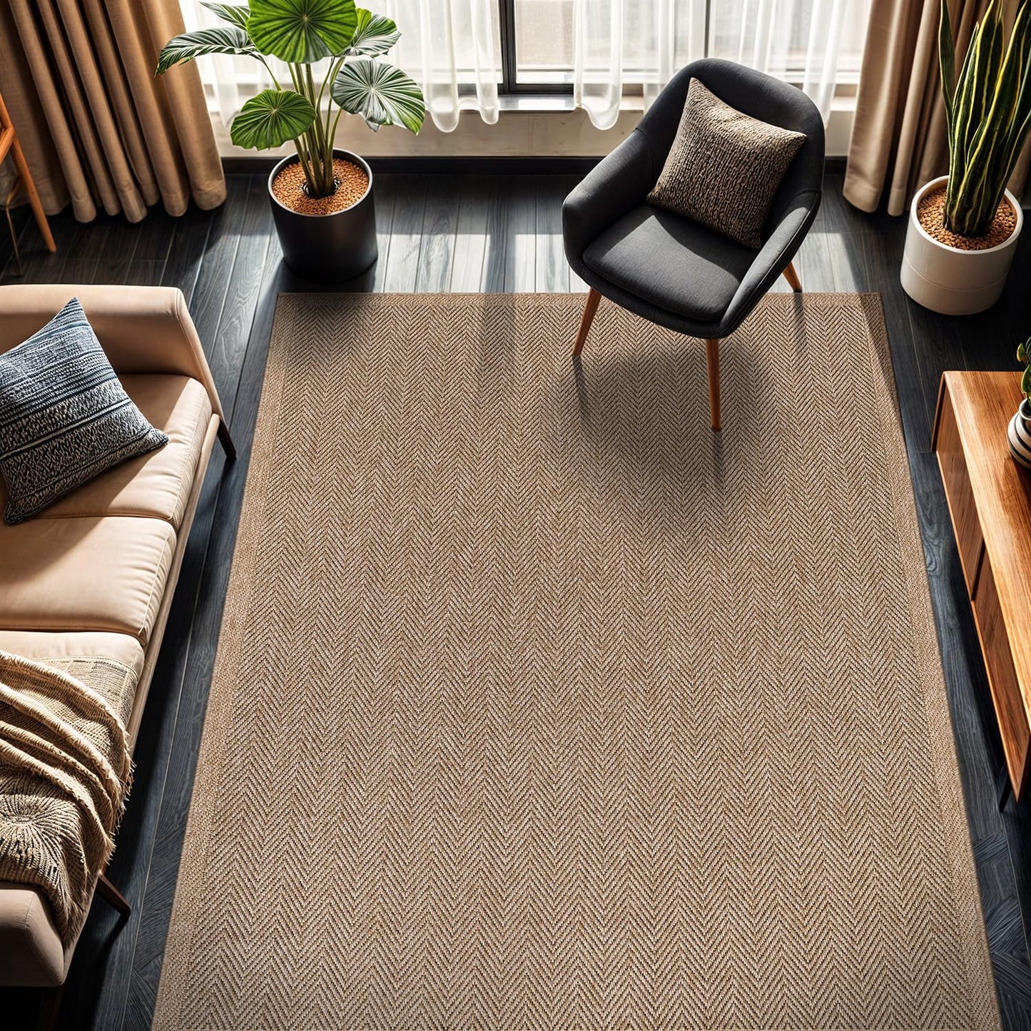 CAMILSON Easy Jute Rug 9x12, Indoor Outdoor Natural Color Fiber Area Rugs for Living Room and Patio Rug Herringbone Seagrass Boho Woven Design Easy-Cleaning Washable Outside Carpet Alfombras 9 x 12