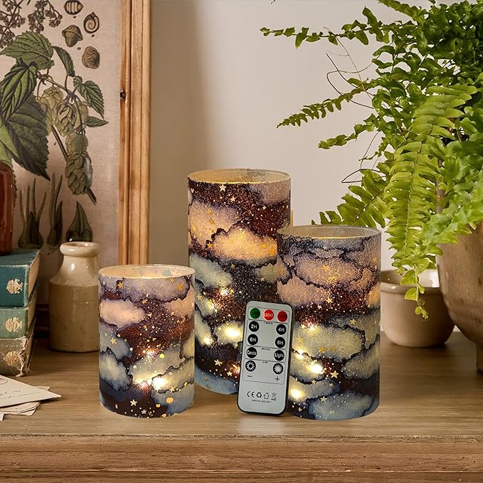 Flickering Flameless Candles Night Sky Stars Print, Embedded Star String Lights, Battery Operated Acrylic LED Pillar Candles with 11-Key Remote and Timer for Home Decoration, 3 Pack