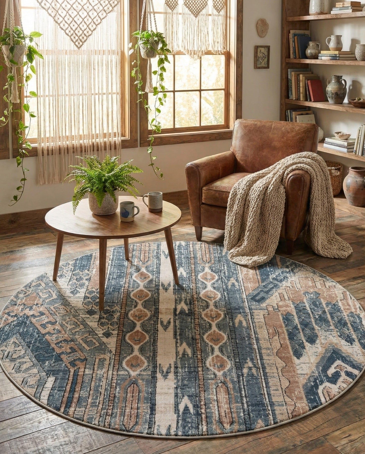 Rugs.com - Oregon Collection Rug – 5 Ft Round Navy Blue Easy-Clean Rug – Rustic Southwestern Style for Bedrooms, Living Rooms, and Entryways