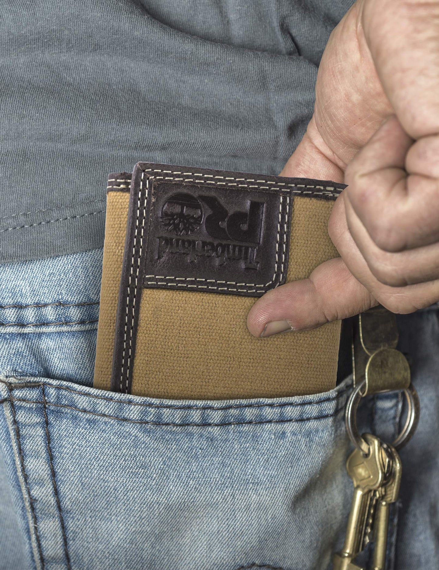 Timberland PRO Men's Canvas Leather RFID Trifold Wallet with Zippered Pocket, Khaki, One Size