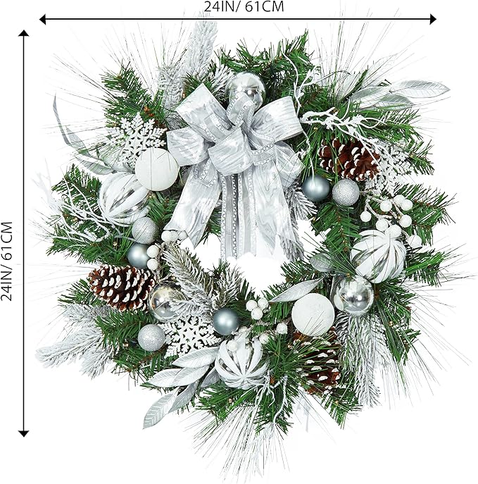 Christmas Wreath for Front Door, 24 Inch Outdoor Christmas Wreath, Battery Operated Xmas Wreath with Silver White Ball Ornaments Bows and 20 LED Lights for Home Holiday Decor