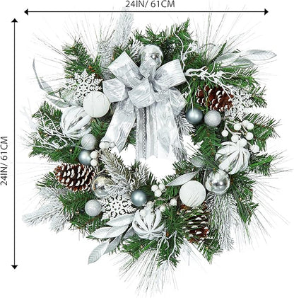 Christmas Wreath for Front Door, 24 Inch Outdoor Christmas Wreath, Battery Operated Xmas Wreath with Silver White Ball Ornaments Bows and 20 LED Lights for Home Holiday Decor
