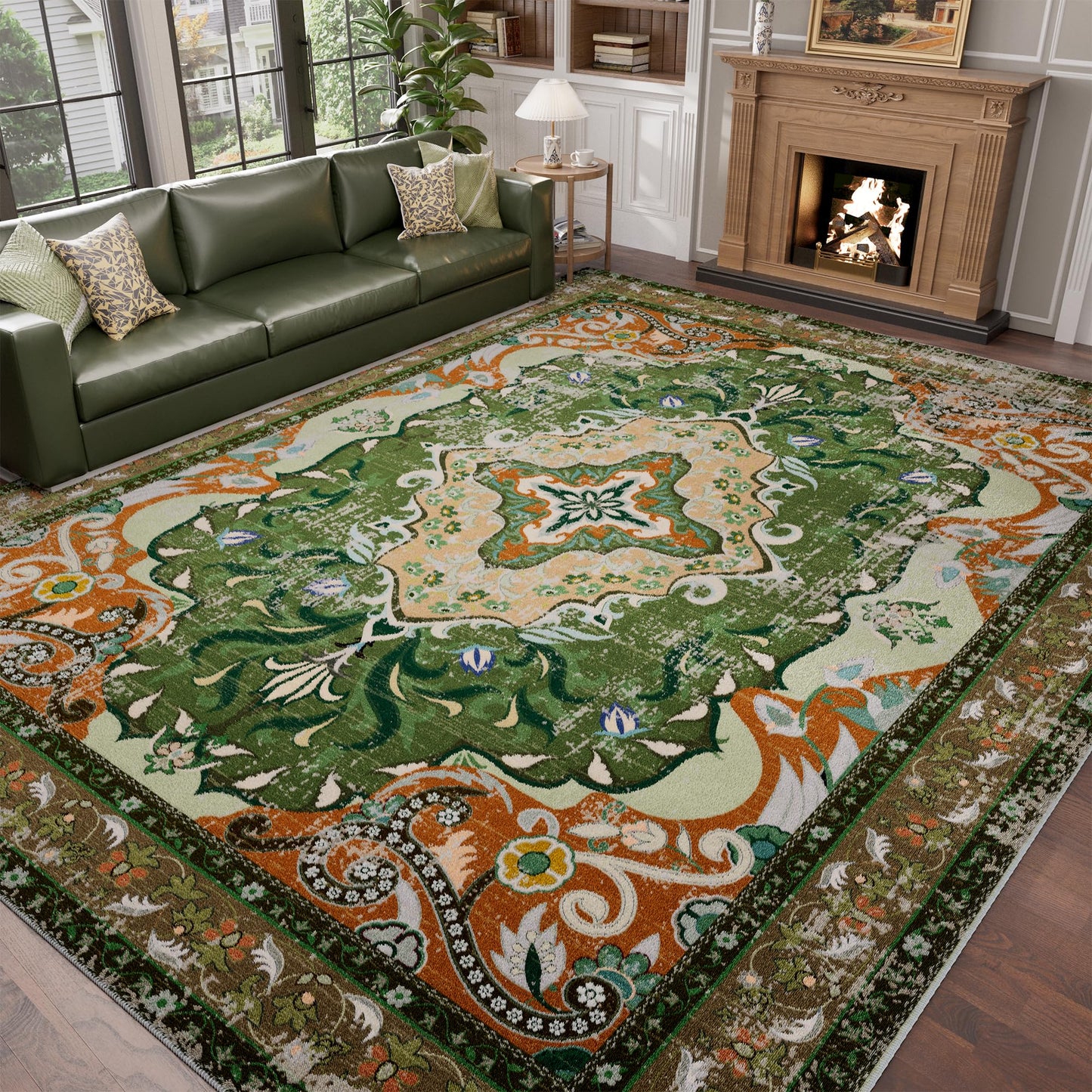 RUSHUFFY 6x9 Washable Area Rugs for Living Room, Non-Slip Boho Vintage Traditional Medallion Print Pattern Carpet for Bedroom Dining Room Farmhouse Nursery Room, Dark Green