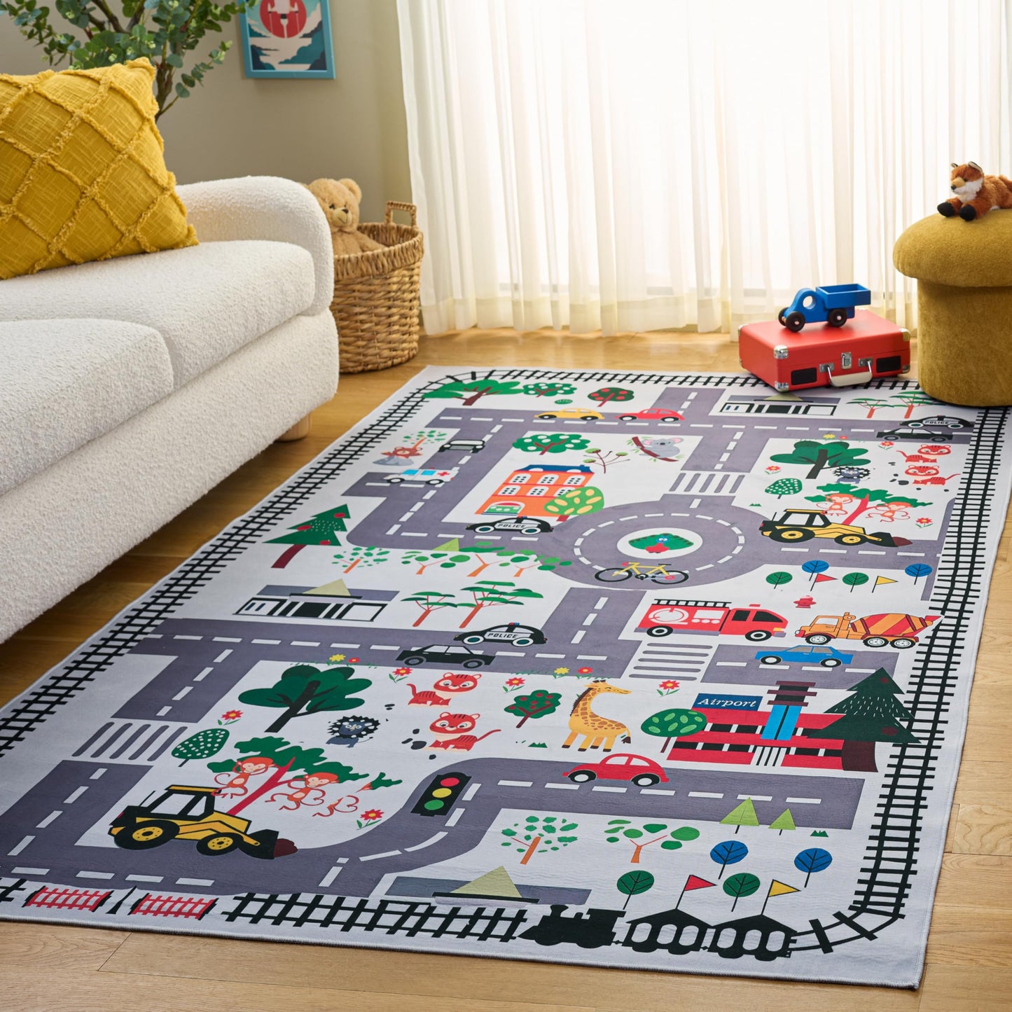 SAFAVIEH Washable Rug Tacoma Kids Collection - 5' x 8', Ivory & Grey, Slip Resistant & Easy to Clean, Educational Playmat Road, Ideal for Boys & Girls in Playroom, Nursery, Bedroom (TCK167A)
