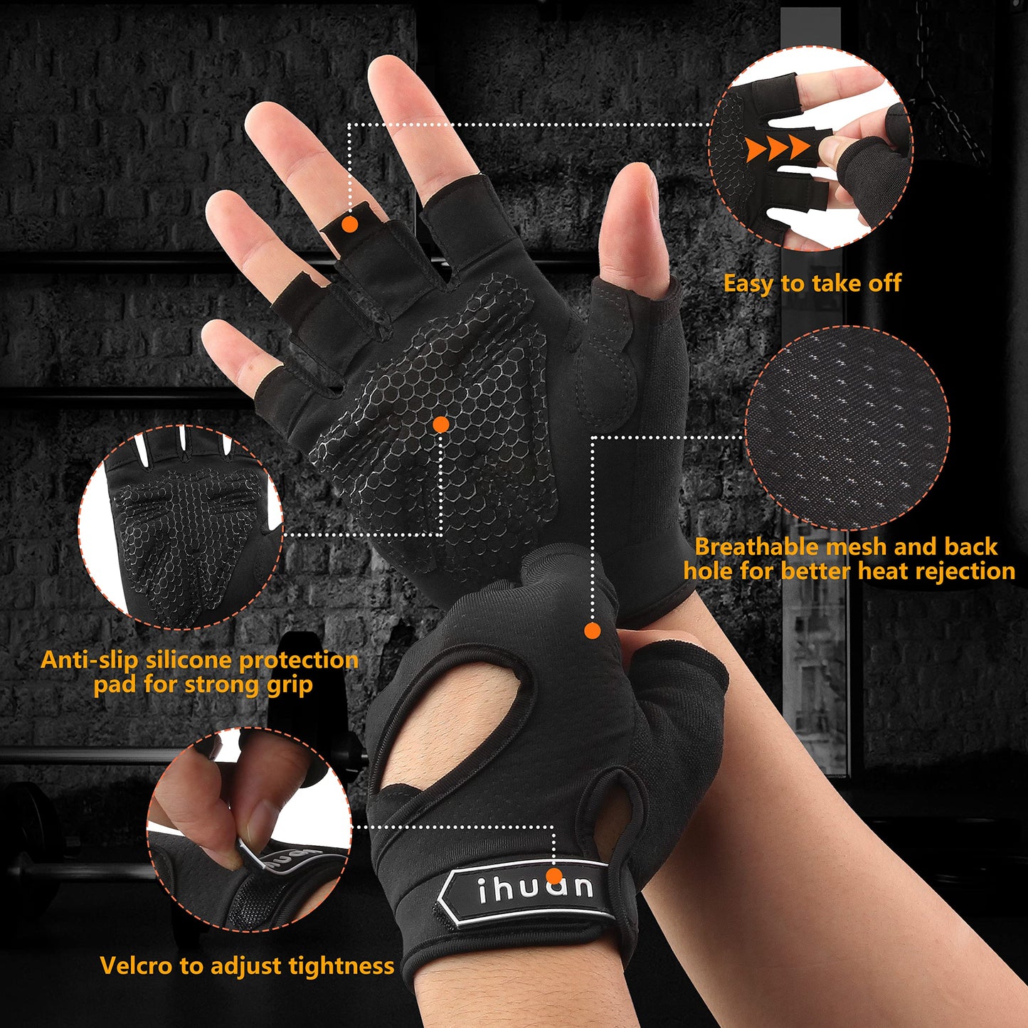 ihuan New Breathable Workout Gloves for Women & Men - No More Sweaty & Full Palm Protection Gym Exercise, Cycling， Fitness, Weightlifting, Pull-ups, Deadlifting, Rowing