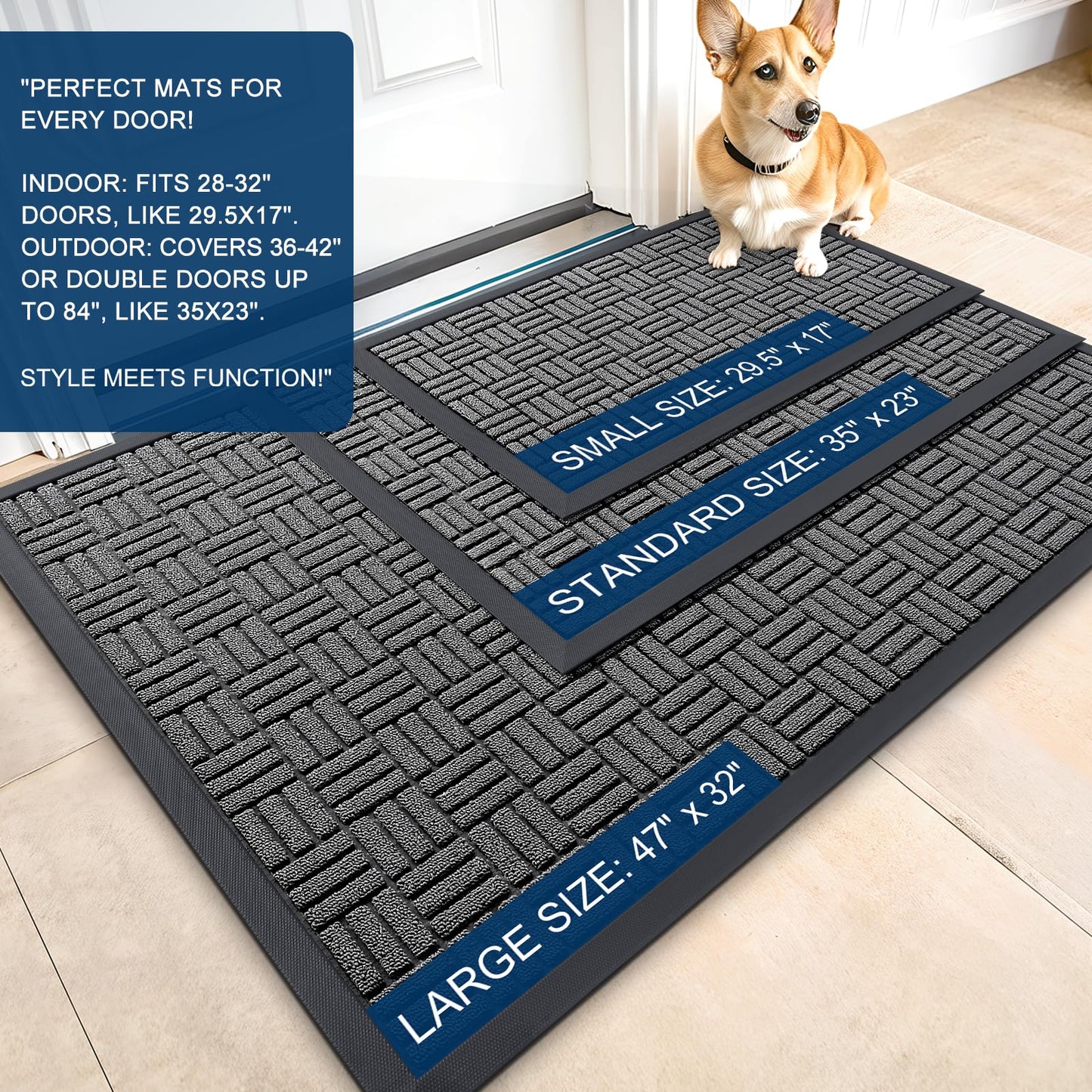 OLANLY Front Door Mat Outside Entrance 47x17, Absorbent, Heavy Duty Sturdy Natural Rubber Doormat Indoor Outdoor, Stain and Fade Resistant, Non-Slip Backing Low Profile Floor Mat for Entryway, Grey