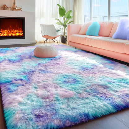 PAGISOFE Cute Furry Pastel Rug for Girls Bedroom, Soft Adorable Rainbow Purple Tent Rugs for Livingroom, Kid Room,Playroom Nursery Home Decor,Plush Mermaid Kawaii Rug Fluffy Carpet 4x6 Area Rug Sturdy