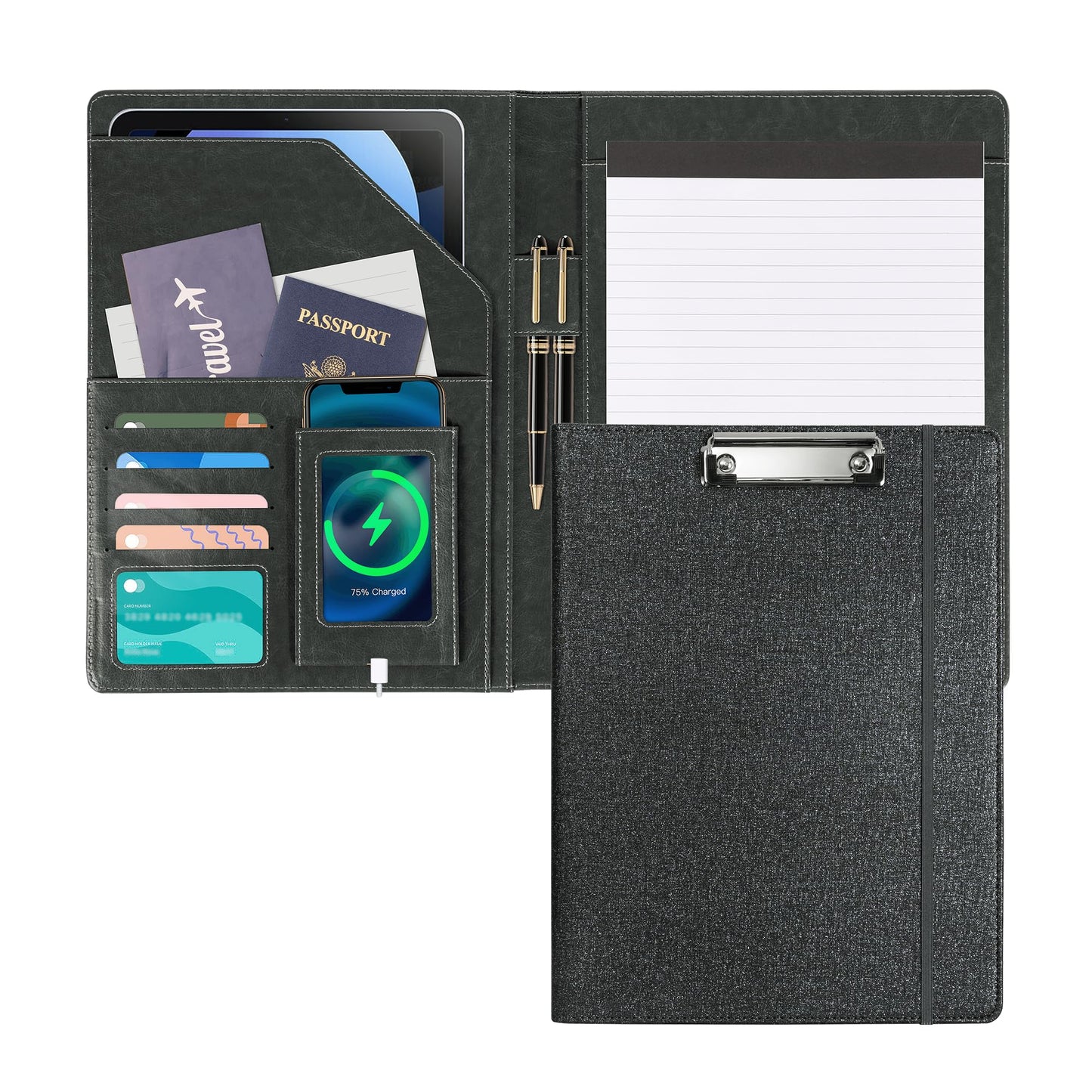 Leather Padfolio with Clipboard Folio Folder Padfolios for Women Black Sparkle Binder with Notepad