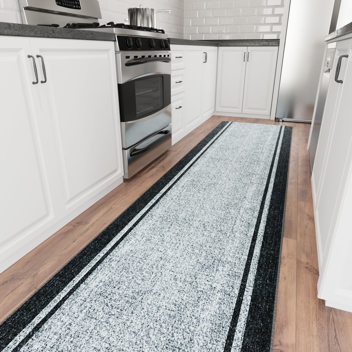 Ottomanson Aisle Runner Rug 1'10.5" x 34' – Soft Non-Slip Rug, Low Pile Carpet for Hallways, Events, Churches & Extra-Long Indoor Spaces, Border Gray